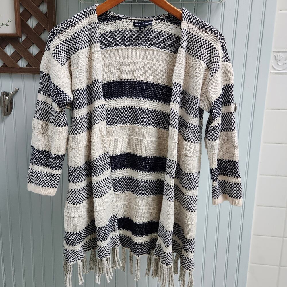 American Living Black and White Stripe Knit Half Sleeve Fringe Open Cardigan